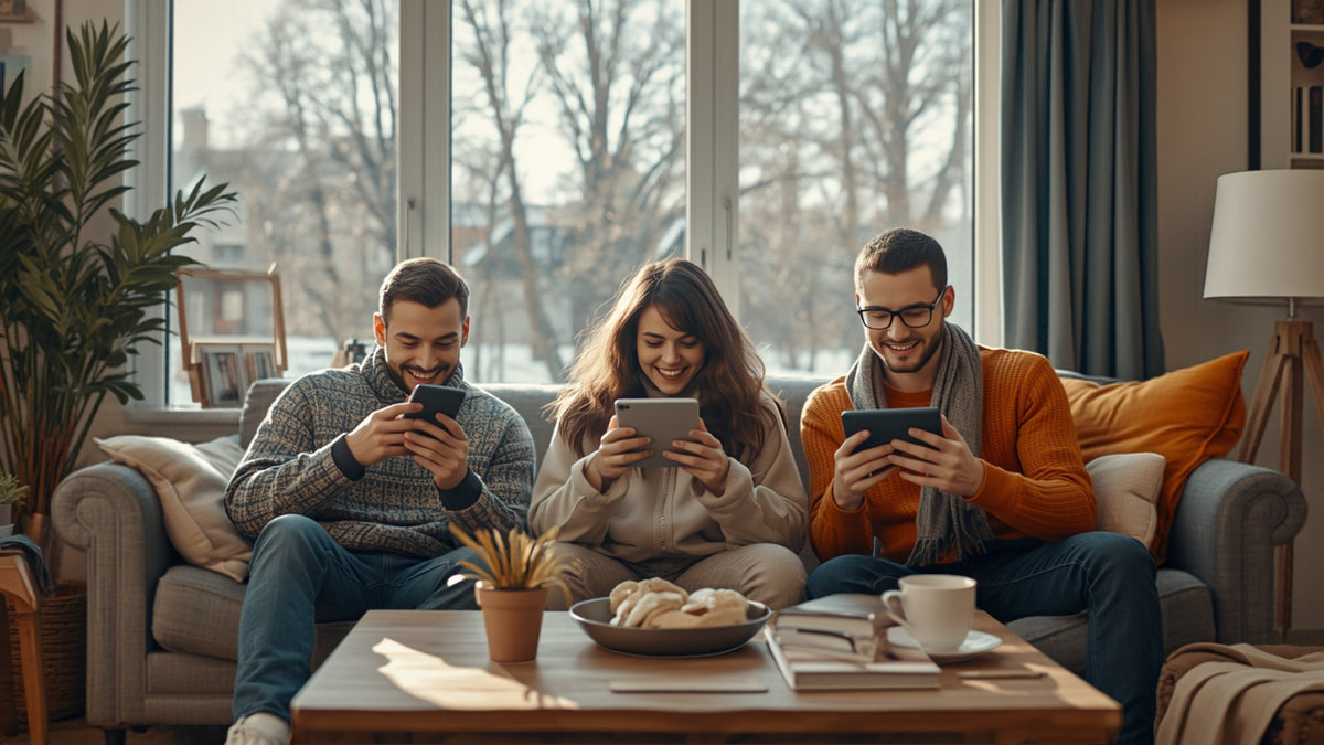 Trois amis souriants utilisant des gadgets malins du quotidien en hiver